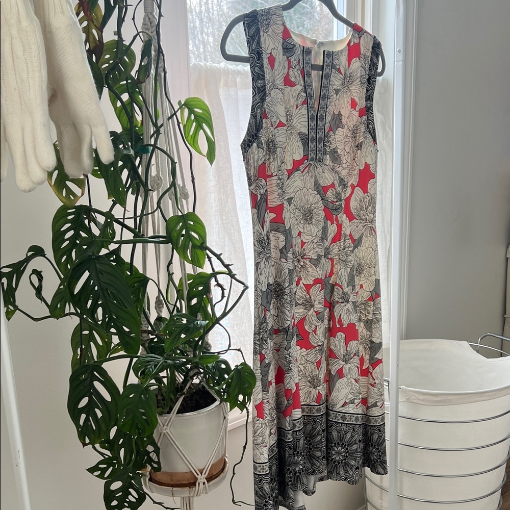 ADORNE Floral Midi Dress in red/coral, white, and black